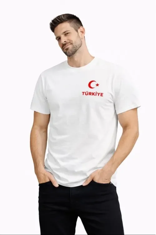 Erkek TÜRKİYE Ay Yıldız Baskılı Taraftar Forma T-Shirt - Beyaz
