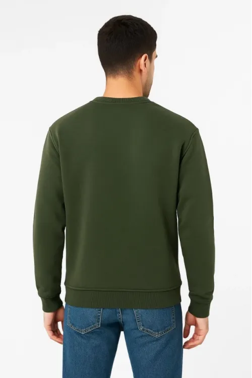 Erkek Üç İplik Düz Bisiklet Yaka SweatShirt - Haki