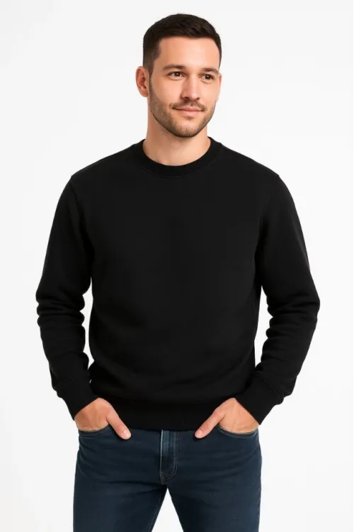 Erkek Üç İplik Düz Bisiklet Yaka SweatShirt - Siyah