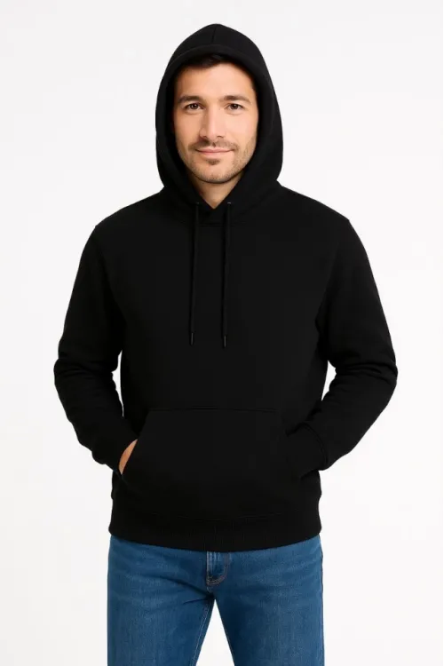 Erkek Üç İplik Kapüşonlu Kanguru Cepli SweatShirt Hoodie - Siyah