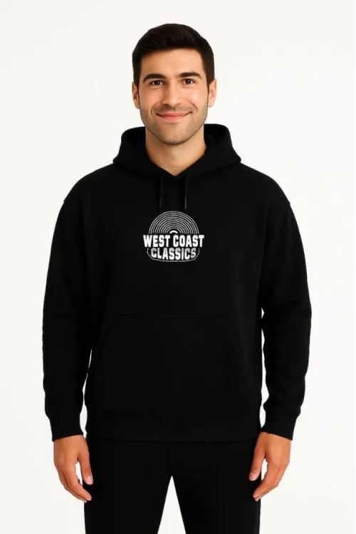 Erkek Üç İplik Kapüşonlu Ön Ve Arka Baskılı SweatShirt Hoodie - Siyah