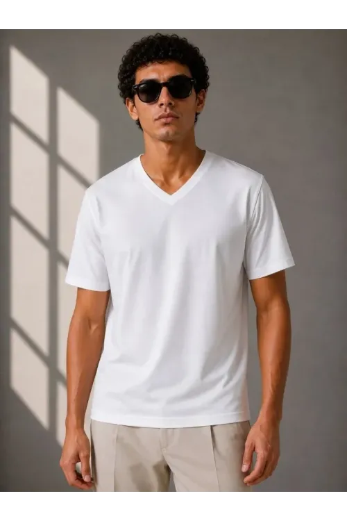 Erkek V Yaka Basic Tişört Kısa Kol Yazlık Regular Fit T-Shirt - Beyaz