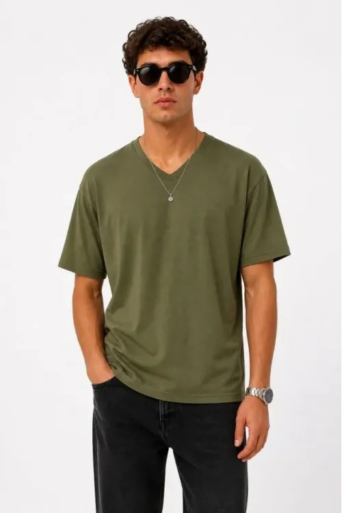 Erkek V Yaka Basic Tişört Kısa Kol Yazlık Regular Fit T-Shirt - Haki