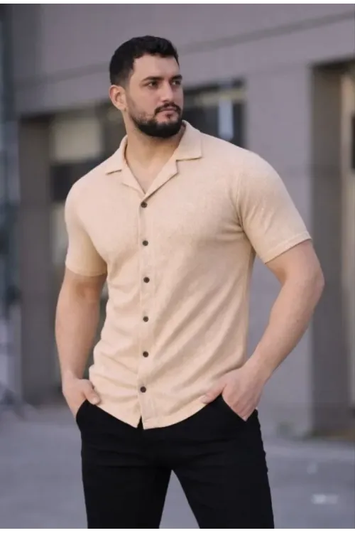 Erkek Waffle Dokuma Açık Yakalı Düğmeli Regular Kalıp 2’li Gömlek Seti - Haki - Bej