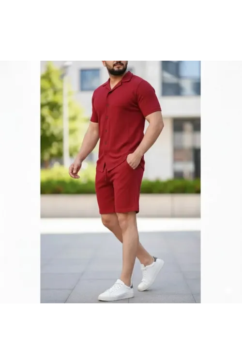 Erkek Waffle Kumaş Kısa Kollu Gömlek Şort Takım Regular Fit Yazlık İkili Set - Bordo