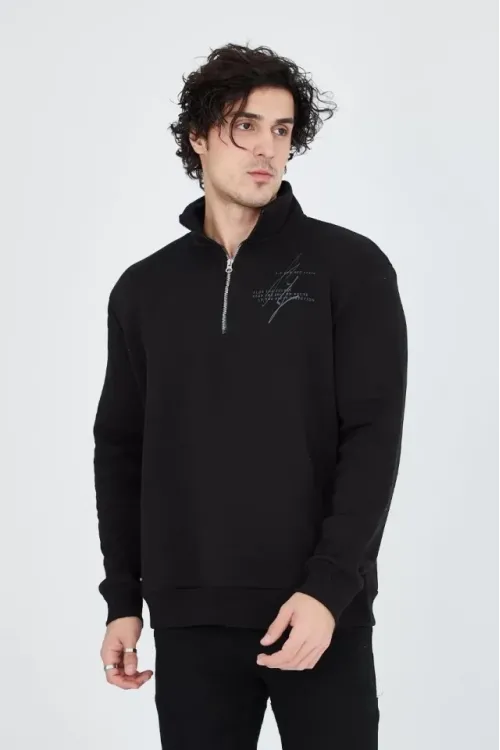 Erkek Yarım Fermuarlı Baskılı Sweat - Siyah