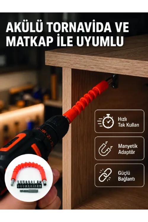 Esnek Bits Uç Seti 12 Parça Manyetik Adaptörlü Matkap Tornavida Aksesuarı