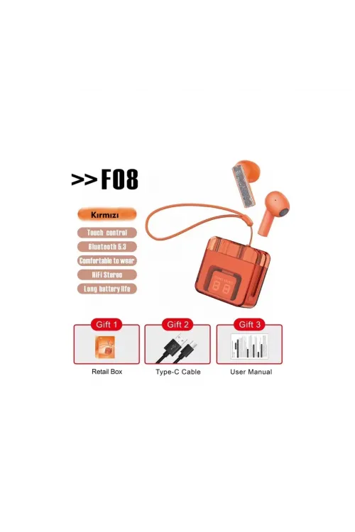 F08 Dijital Şarj Göstergeli Tws Bluetooth Kulaklık - Kırmızı