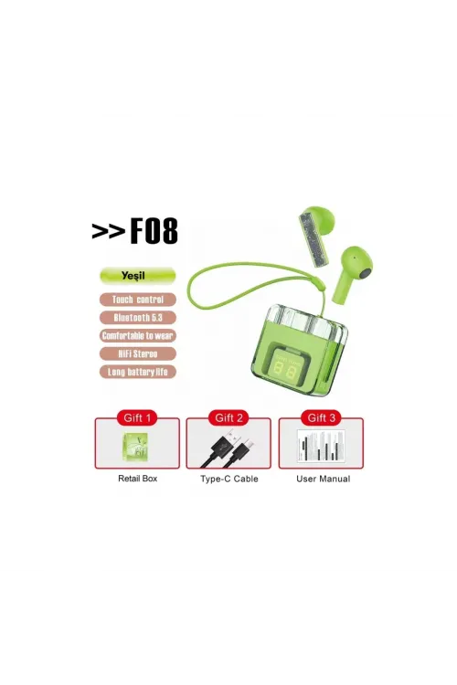 F08 Dijital Şarj Göstergeli Tws Bluetooth Kulaklık - Yeşil