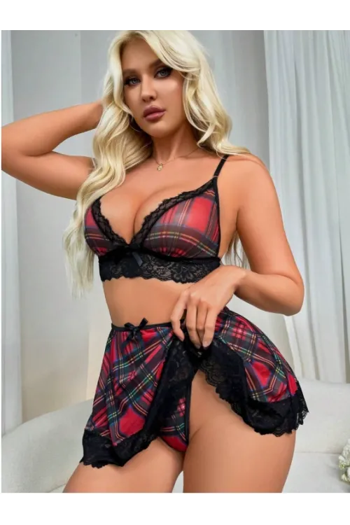 Fantezi Seksi Dantelli Ekose Sütyen Mini Etek Takım TG2710128