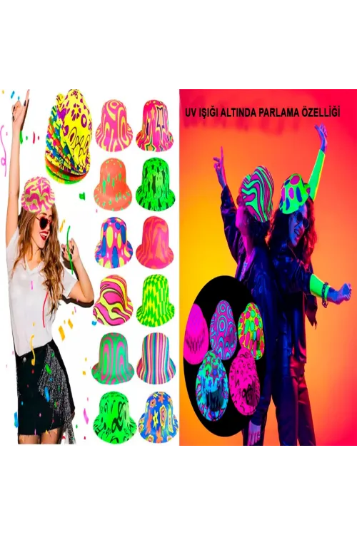 Farklı Desenlerde Plastik Neon UV Işık Parti Şapkası 1 Adet