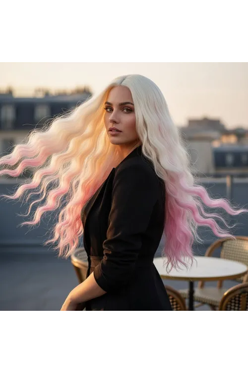 Fiber Sentetik Uzun Su Dalgası Peruk - Platin / Pembe Ombreli