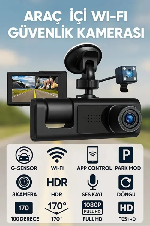 Full Hd 3 Kameralı Araç Kamerası Ön İç Arka Kayıt Ve Gece Görüşlü G Sensörlü Geniş Açılı