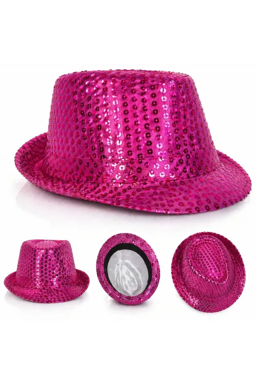 Fuşya Pembe Payetli Disco Parti Şapkası Yetişkin Işıltılı Fötr Model