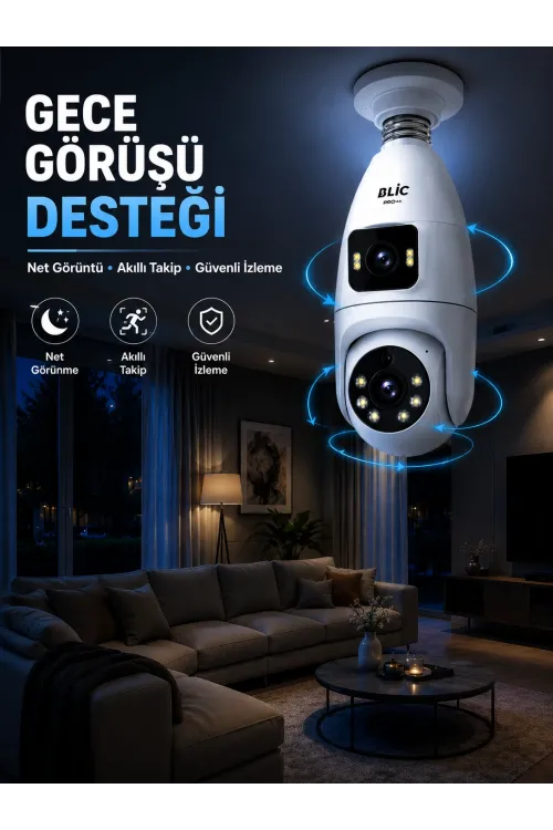 Gece Görüşlü Çift Lens Wi-fi Ampul Kamera Mobil Takip Destekli