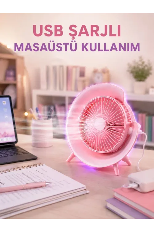 Gece Lambası Özellikli Şarjlı Mini Masaüstü Fan