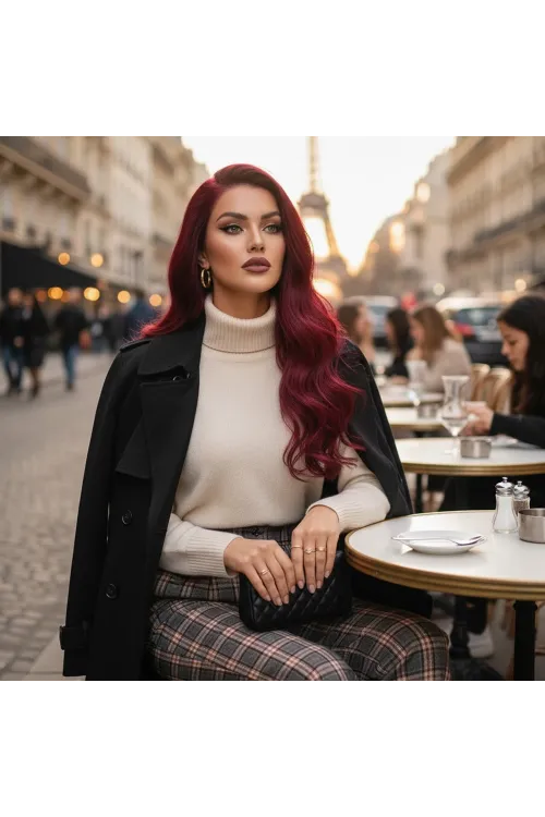 Gerçek Front Lace Tül Peruk - Dalgalı - Koyu Kızıl 70-75cm