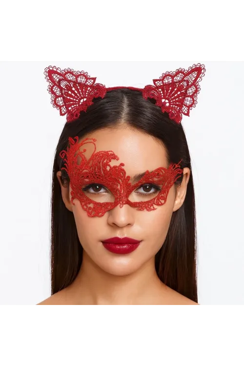 Gizemli Kırmızı Dantel Maske Ve Taç Seti 1 No - Kostüm Seti