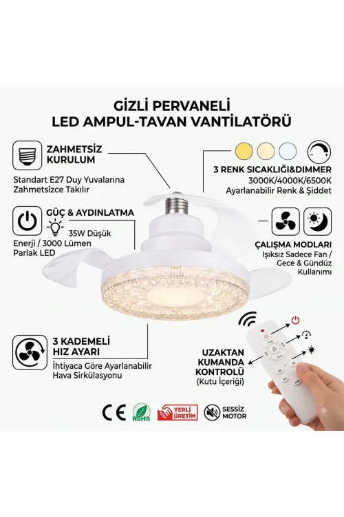 Gizli Pervaneli LED Ampul-Tavan Vantilatörü HV501