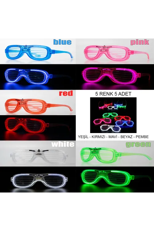 Glow Model Led Işıklı Parti Gözlüğü 3 Modlu 5 Renk 5 Adet