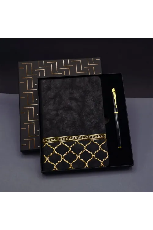 Gold Desen Siyah Deri Defter Kalem Set