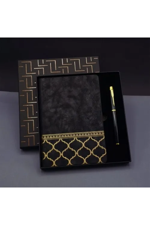Gold Desen Siyah Deri Defter Kalem Set