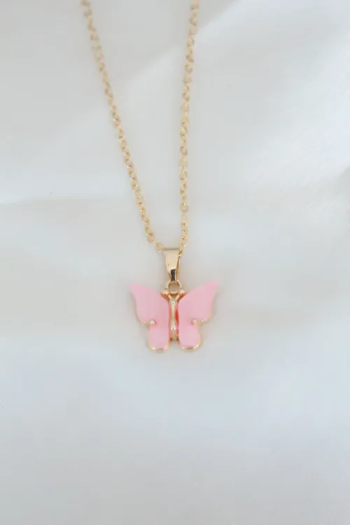 Gold Kaplama Pembe Sedefli Kelebek Kolye