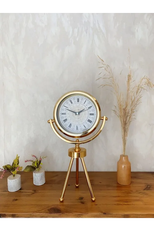 Gold Metal Mini Tripod Çini Desenli Roma Rakamı Masa Saati 45×26 cm