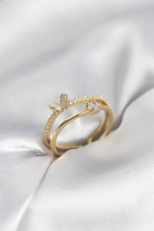 Gold Renk 2li Zirkon Taşlı Kelebek Model Kadın Yüzük