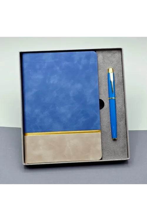 Gold Şeritli Mavi Defter Ve Kalem Seti