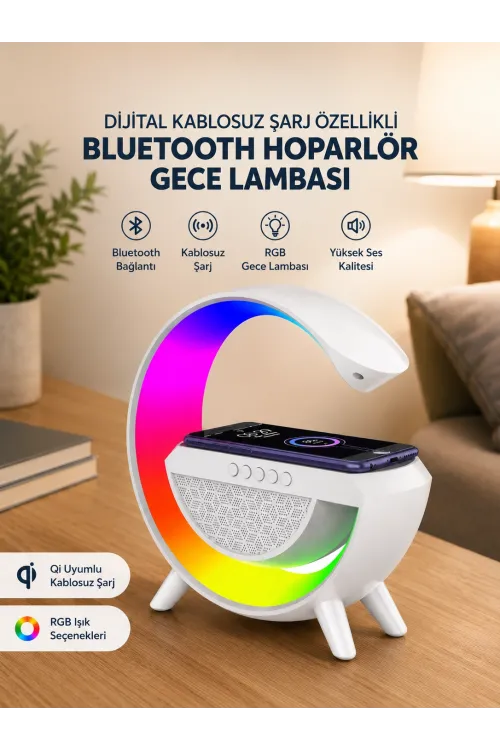 Google Dijital Kablosuz Şarj Özellikli Bluetooth Hoparlör Gece Lambası