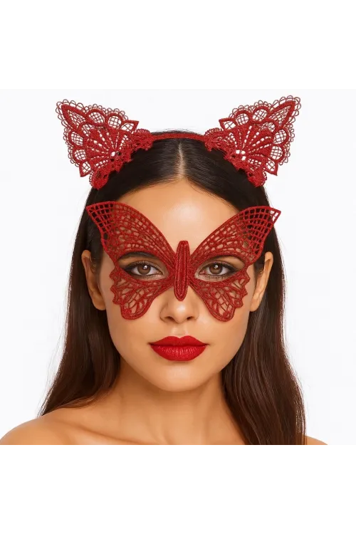 Gösterişli Kırmızı Dantel Maske Ve Taç Seti 7 No – Masquerade Ve Davetler İçin