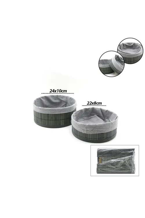 Gri 2 Boy Yuvarlak Bambu Kenar Organizer Sepet Ahşap Altlık - Bezli Çap=22x24cm