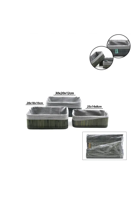 Gri 3 Boy D.dörtgen Bambu Kenar Organizer Sepet Ahşap Altlık - Bezli 25x14-28x18-20x30cm