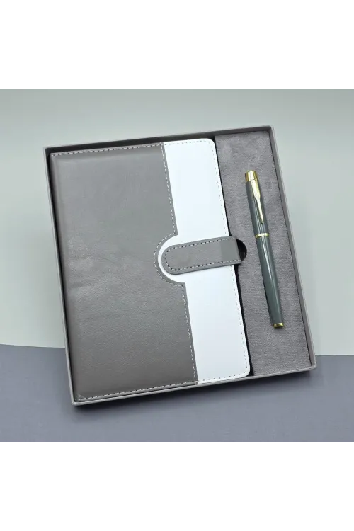 Gri Kutulu Deri Defter Roller Kalem Set