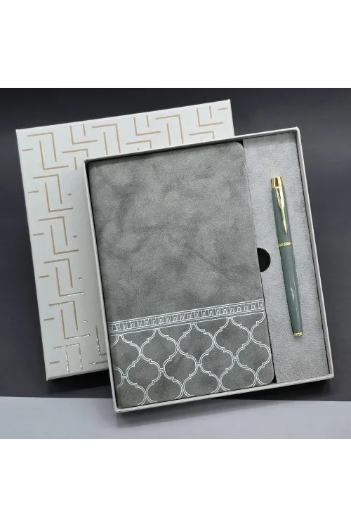Gri Renk Defter Ve Metal Roller Kalem Seti