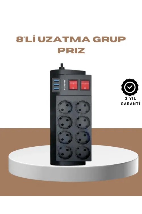 Güçlü Termal Korumalı 8 Priz + 3 Usb Çoklu Uzatma Kablosu 2m