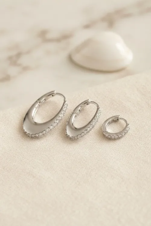 Gümüş Renk Oval Halka Model Zirkon Taşlı 3 lü Küpe Set
