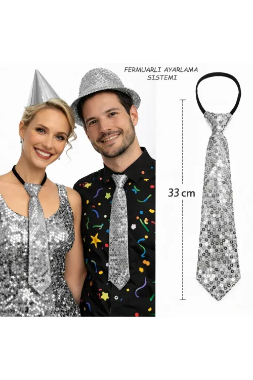 Gümüş Renk Pul Payetli Işıltılı Parti Kravatı 33 cm