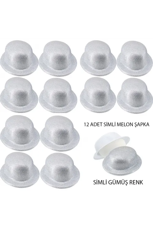Gümüş Renk Simli Melon Yuvarlak Parti Şapkası 12 Adet