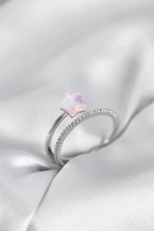 Gümüş Renk Zirkon Taşlı Pembe Halley Model Kadın Yüzük