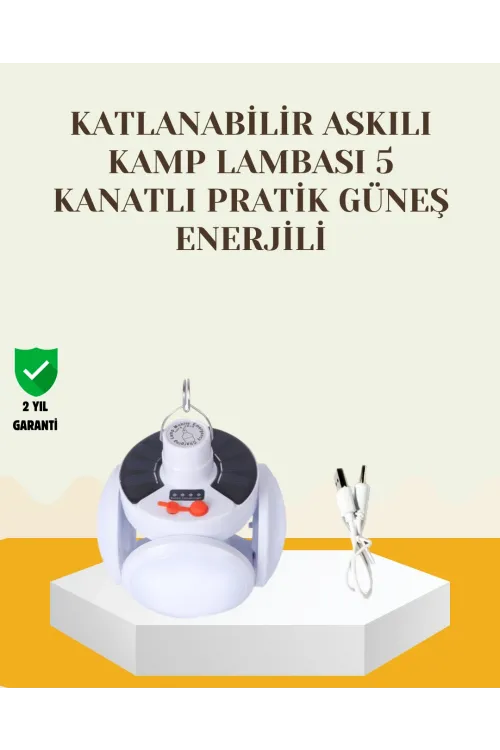Güneş Paneliyle Şarj Olan Katlanabilir Led Çadır Lambası – 5 Kademeli Aydınlatma