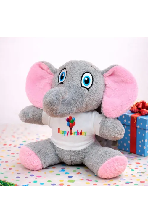 Happy Birthday Tişörtlü Peluş Oyuncak Fil