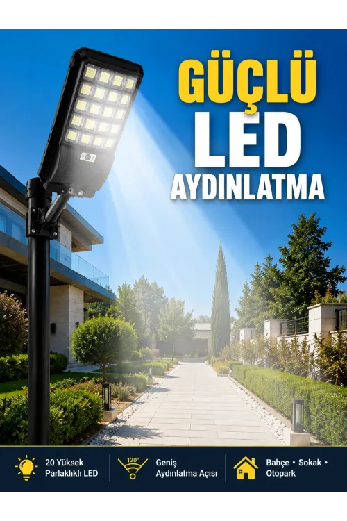 Hareket Sensörlü Solar Led Aydınlatma 3 Modlu Uzaktan Kumandalı Bahçe Lambası