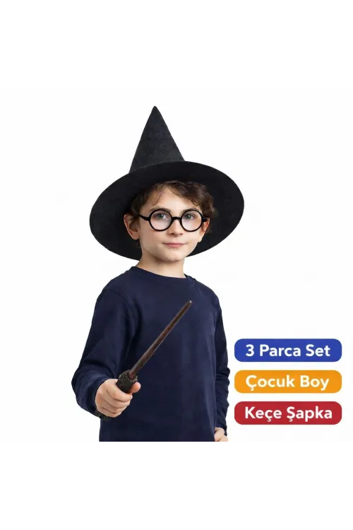Harry Potter Tarzı Çocuk Seti (Siyah Keçe Şapka, Asa, Gözlük)