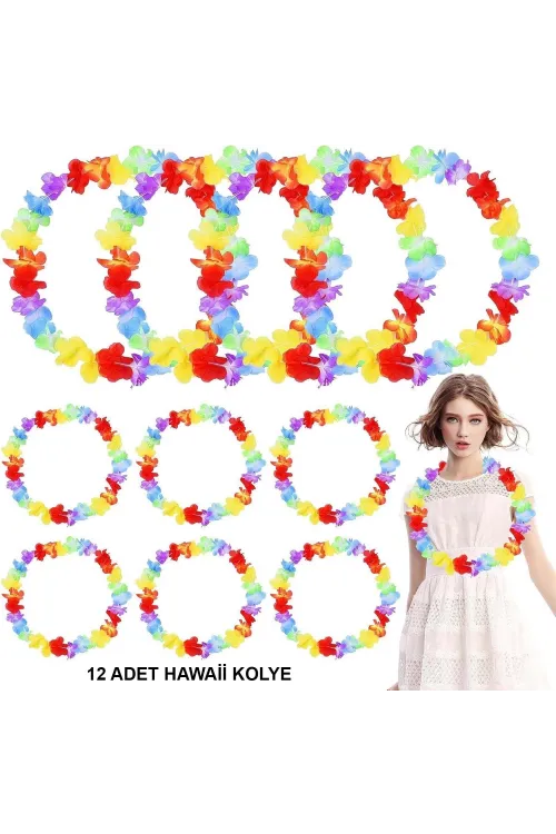 Hawaii Çiçekli Boyun Kolyesi - Renkli Tropikal Parti Leisi 12 Adet
