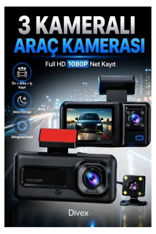 Hd 3 Kameralı Araç Kamerası Ön Arka İç Kayıt Gece Görüşlü G Sensörlü Geniş Açılı