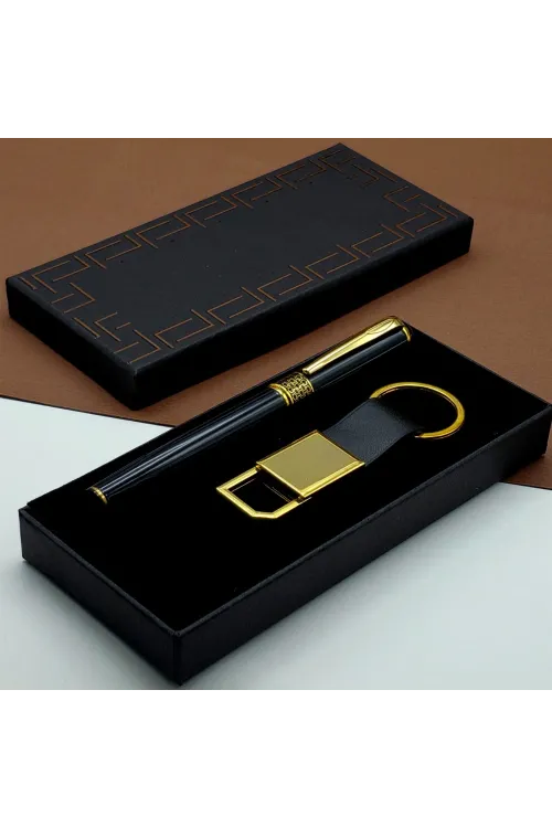 Hediyelik Siyah Kalem Ve Gold Deri Anahtarlık Kutulu Set
