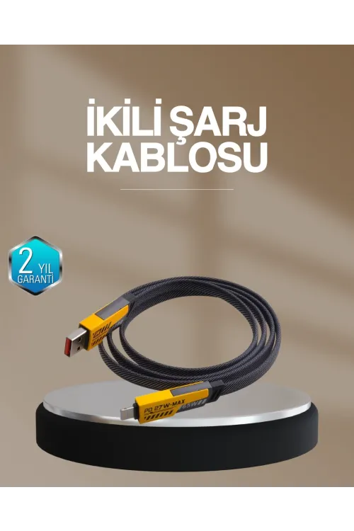 Hızlı Şarj Destekli 65w Örgülü Usb-c Ve Usb-a Çoklu Şarj Kablosu