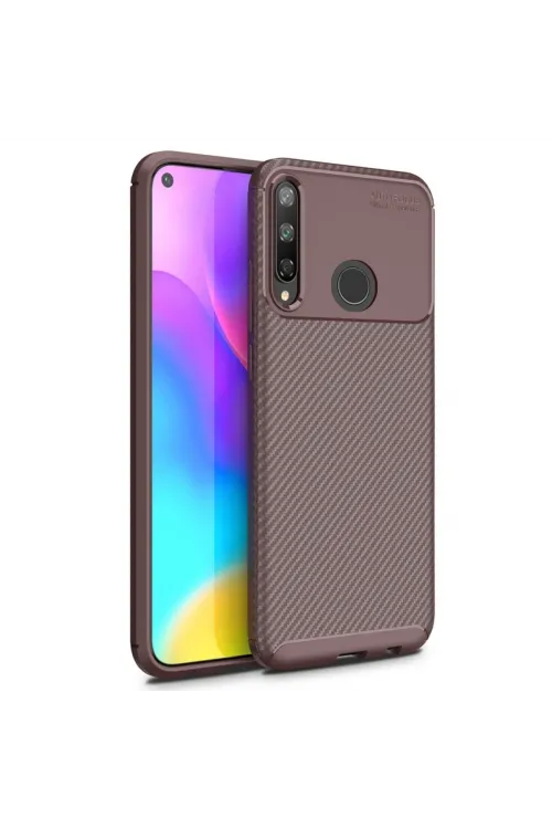 Huawei P40 Lite E Kılıf Auto Focus Karbon Kapak - Kahverengi